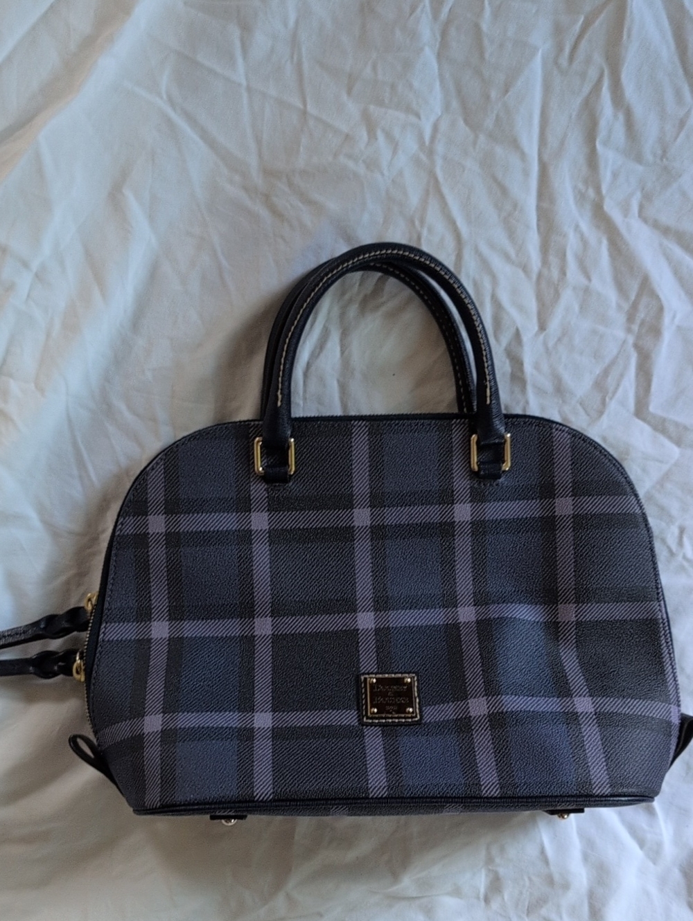 Dooney & Bourke Blue And Grey Plaid Dome Leather Zip Top Satchel